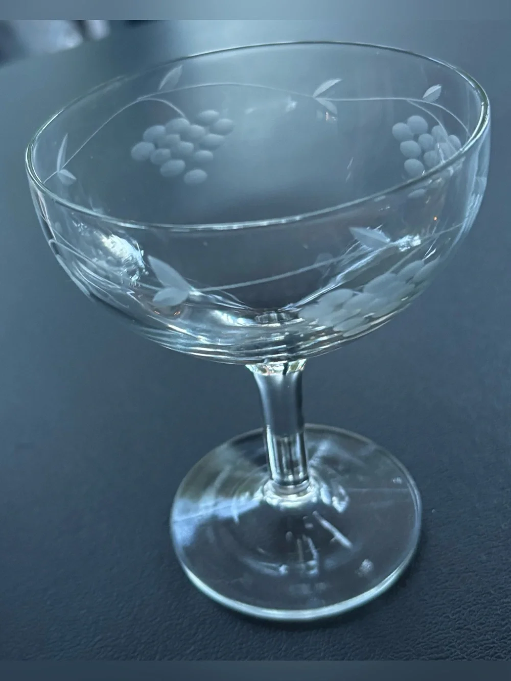 Vintage Etched Crystal Champagne Coupe Glass - Grape & Vine Motif